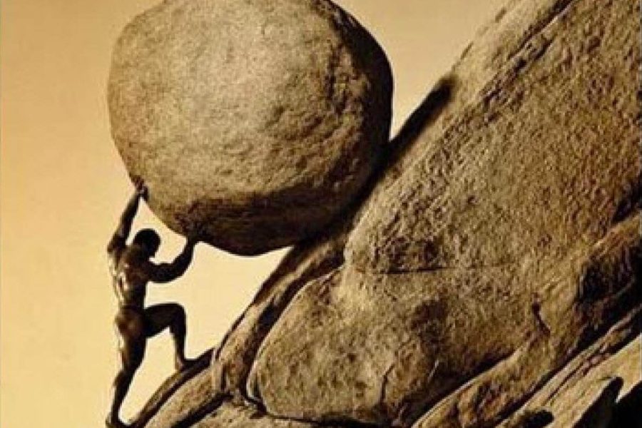 Sisyphus pushing his boulder uphill