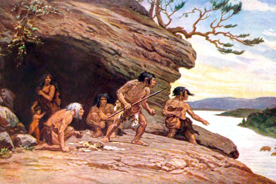 Early humans on a rocky outcrop