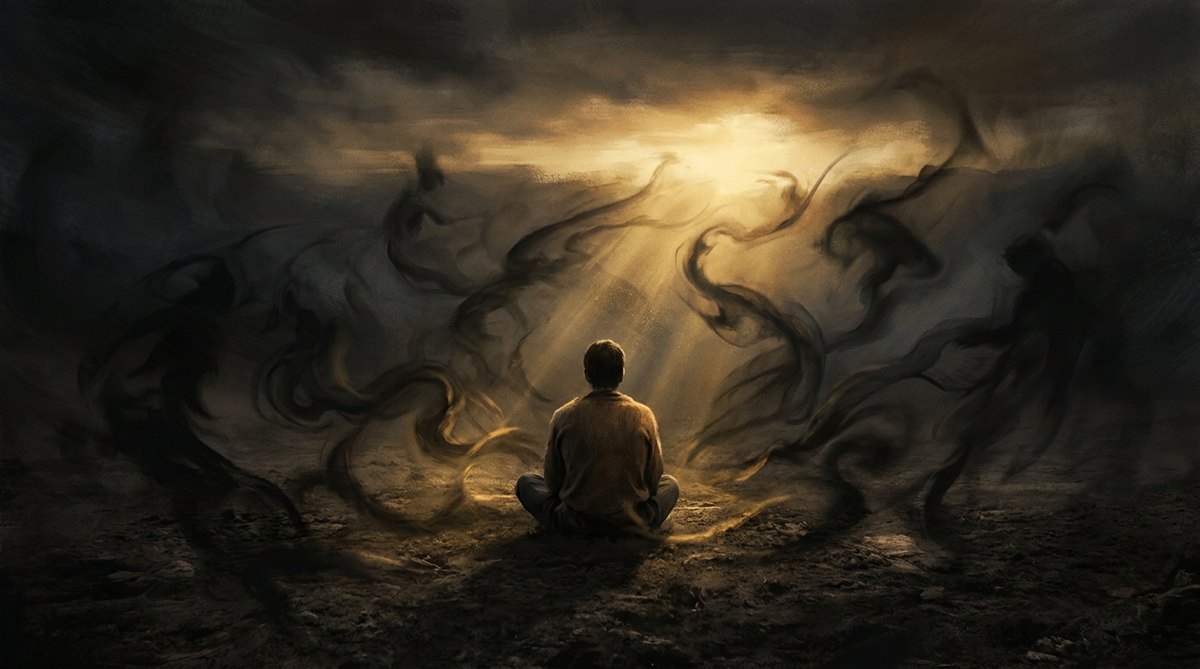 A man seated as shadow forms circle him and light breaks through